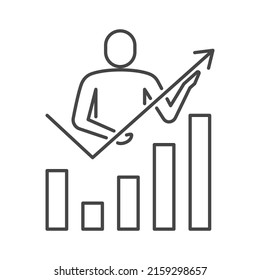 Konzept des Krisenmanagements. Mann mit Grafik, Diagramm, Pfeil. Expert Holding-Pfeil nach oben als Symbol für Erholung, Wachstum, Risikomanagement, Beratung. Dünne Linie, Vektorsymbol. Pixel Perfect 64x64. Bearbeitbare Schlaganfälle