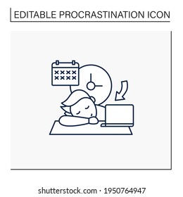 Crisis marker procrastinator line icon.Laziness. Defer Task. Sleep at workplace. Working on stressful situation.Procrastination concept. Isolated vector illustration.Editable stroke