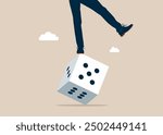 Crisis monetary policy number below zero growth. Greedy investor tries to balance himself by rolling unstable dice. Possibility of losing money. Flat vector illustration