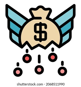 Crisis money bag icon. Outline crisis money bag vector icon color flat isolated