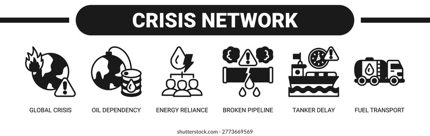 Crisis Network web banner icon vector illustration concept with icons of global crisis, oil dependency, energy reliance, broken pipeline, tanker delay, and fuel transport.