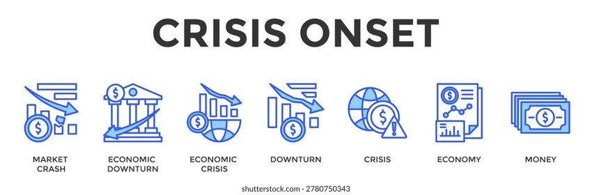 Crisis Onset Banner Web Icon Set Collection Pack Vector Illustration Concept Containing Market Crash, Economic Downturn, Economic Crisis, Downturn, Crisis, Economy, Money
