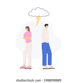 Crisis in a pair between husband and wife. Resentment in relationships, misunderstanding in the family. Unhappy couple, conflict. Divorce concept, family litter. Vector illustration isolated on white