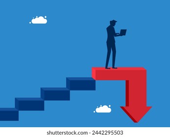 Crisis period. businessman going up the stairs with a downward arrow from the top