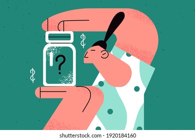 Crisis, poverty, saving money concept. Businessman holding empty glass jar with question mark on to in hands looking with closed eyes feeling frustrated isolated over green background