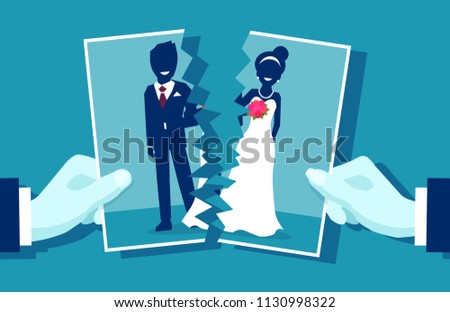 Crisis in relationship and divorce concept. Group photo of young married couple cut in half as symbol of conflict, unhappy love. Vector illustration.