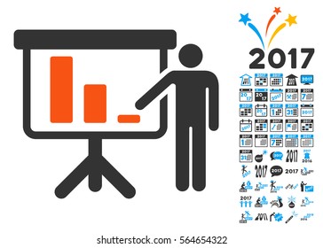 Crisis Reporting Person pictograph with bonus 2017 new year symbols. Vector illustration style is flat iconic symbols,modern colors.