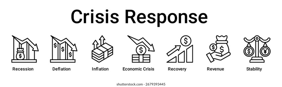 Anuncio de respuesta a la crisis Concepto de Ilustración vectorial de íconos de Web para empresas con íconos de recesión, deflación, inflación, crisis económica, recuperación, ingresos.