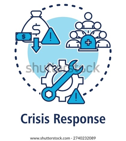 Crisis Response blue concept icon with Financial Crisis, Public Health Emergencies, Operational Disruption.
