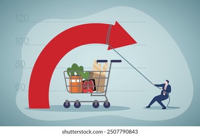 Krise und steigende Rohstoffpreise Konzept. Politiker verhindert, dass riesige Pfeil nach oben.Rezession Inflation. Das Preisdiagramm für Konsumgüter nimmt zu.