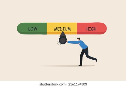 Crisis risk gauge. Risk stock, Finance, economy, inflation. Investment risk. Financial or business risk management.  Businessman tries to push the needle lower. svg