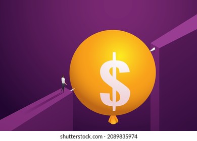 Crisis and the risk of investment bubble nearing burst. Business investor looks at US dollar symbol on a balloon near the needle that is ready to burst at any moment. isometric vector illustration.