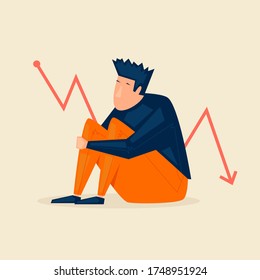 Crisis, a sad man is sitting. Flat illustration in cartoon style. Vector.	