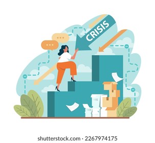 Crisis. Trabajadores de oficina que enfrentan inestabilidad financiera y disminución de las ganancias. Desafíos para mantener la riqueza y las ganancias. Gestión de crisis y planificación financiera estratégica. Ilustración vectorial plana