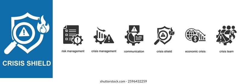 Crisis shield icons sets of crisis management with different styles
