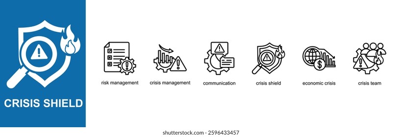 Crisis shield icons sets of crisis management with different styles
