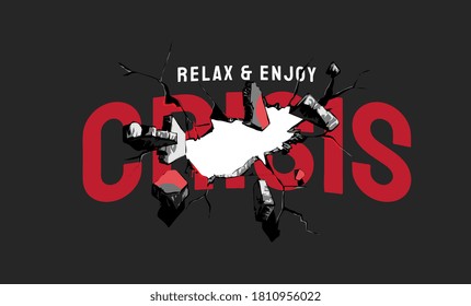 crisis slogan crack broken on black background