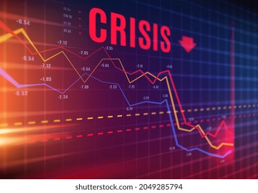 Crisis or stock crash on market, loss trading and investment indicators downturn, vector. Stock exchange market and financial business crisis and economic fall down with flow charts and diagram