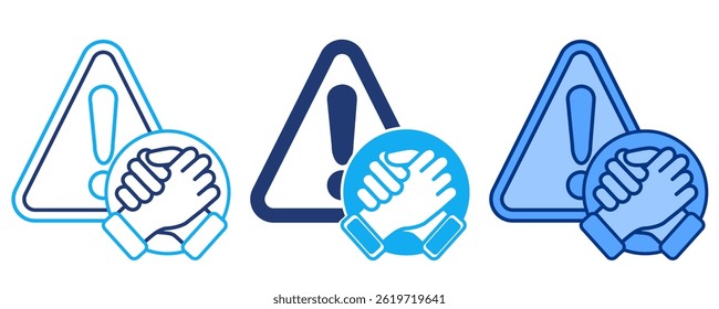 Icono de Asistencia de crisis representado por el apretón de manos de la amistad, signo de exclamación Azul, Dualline, estilo Dualtone.