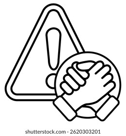 Crisis Support icon represented by friendship handshake, exclamation mark Line style.