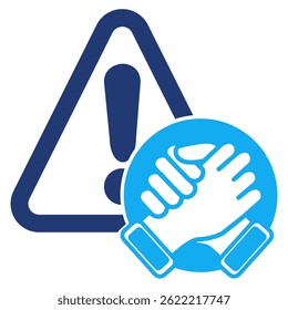 Crisis Support icon represented by friendship handshake, exclamation mark Dualtone style.