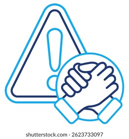 Ícone Suporte a crise representado pelo handshake de amizade, ponto de exclamação estilo Linha dupla.