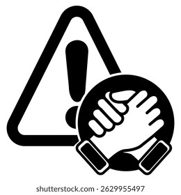 Crisis Support icon represented by friendship handshake, exclamation mark Black Filled style.