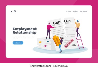 Crisis, Terminated Agreement, Bankruptcy or Cancellation Landing Page Template. Tiny Characters Tear Huge Contract Stand on Pile of Paper Sheets. Woman with Stamp. Cartoon People Vector Illustration