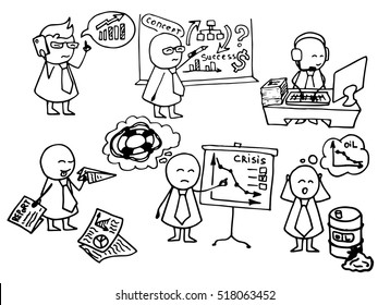 Crisis theme. Funny doodle office workers icons. Business vector background on whiteboard.