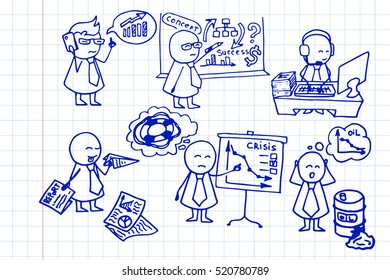 Crisis theme. Funny doodle office workers icons. Business vector background on notebook page.