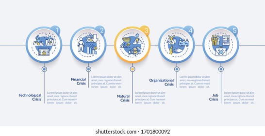 Crisis types vector infographic template. Different global emergencies presentation design elements. Data visualization with five steps. Process timeline chart. Workflow layout with linear icons