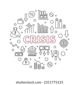 Crisis vector concept round simple banner in outline style - Economy Recession and Business illustration