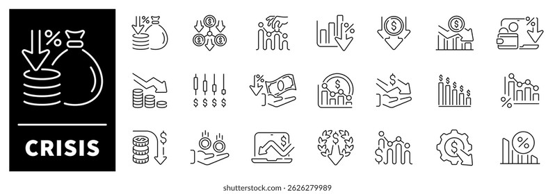 Crisis vector icons. Economic crisis thin line icons set. Decrease, layoff, job fired, pay cuts, low cost, crisis related icons