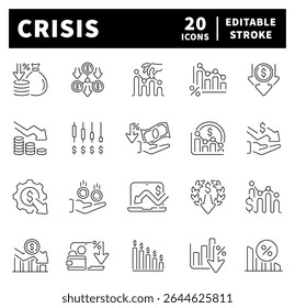 Crisis vector icons. Economic crisis thin line icons set. Decrease, layoff, job fired, pay cuts, low cost, crisis related icons
