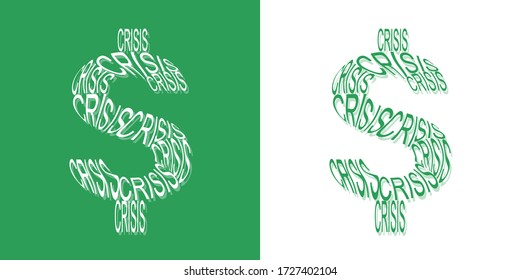 Nube de palabras de crisis, símbolo del dólar. Vector aislado de fondo blanco 