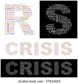 CRISIS. Word collage. Illustration with different association terms.