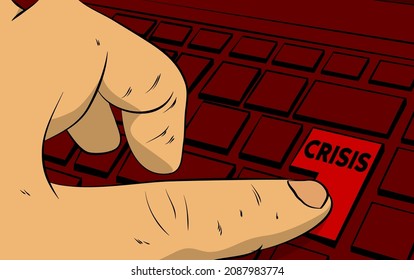 Palabra de crisis en el teclado del ordenador. Hombre empuja el teclado en el portátil. Concepto de estilo de libro de historietas.
