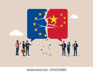 Crisis in world. Conflict with two opposing trading partners European union and China. Symbol of misunderstanding, negotiation problems, miscommunication, argument. Flat vector illustration