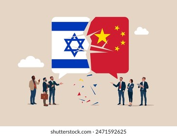 Crisis in world. Conflict with two opposing trading partners Israel and China. Symbol of misunderstanding, negotiation problems, miscommunication, argument. Flat vector illustration