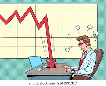 The crisis worsens the performance. The red graph is falling down. The collapse of prices, investments and stocks. The man at the laptop looks at the decline in the graph. Pop Art Retro Vector