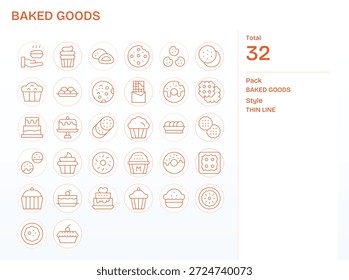 Un conjunto nítido y adaptable de 32 iconos de líneas finas que capturan productos horneados, diseñados para la legibilidad.