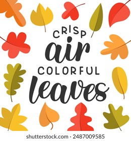 Crisp Air Colorful Leaves Handwritten Quote. Vector Hand Lettering of Fall Phrase Decorated with Cute Leaves Frame.