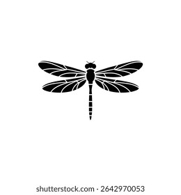 Crisp black dragonfly silhouette on a white background highlights its wing structure, body segments, and antennae, offering a clean, vector-style nature illustration.