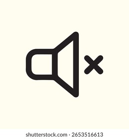 Um ícone de alto-falante preto-mudo nítido com um 'X' indicando ausência de som. Perfeito para interfaces de usuário, aplicativos e projetos de design digital para representar áudio desligado ou silencioso.