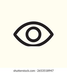 Um contorno preto nítido de um ícone de olho em um fundo claro, perfeito para representar visibilidade, opções de visualização, monitoramento ou a funcionalidade mostrar-ocultar em designs digitais e interfaces de usuário.