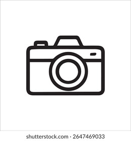 Um ícone de contorno preto nítido de uma câmera clássica, perfeito para aplicativos, sites e interfaces de usuário relacionados à fotografia. Este gráfico vetorial minimalista simboliza a captura de fotos e a mídia visual.