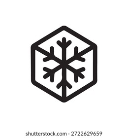Un nítido icono de contorno negro con un copo de nieve estilizado perfectamente encerrado dentro de un hexágono geométrico, ideal para temas de invierno y refrigeración.