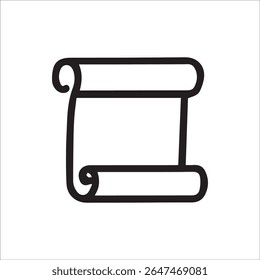 Um ícone de contorno preto nítido de um pergaminho ou pergaminho enrolado, perfeito para representar documentos antigos, registros históricos, anúncios importantes, decretos, certificações ou mapas antigos.