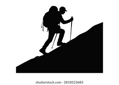 A crisp black silhouette vector design showcasing a lone traveler hiking up a steep incline while carrying a large backpack and using trekking poles to conquer the rugged outdoor mountain terrain today