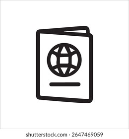 Um ícone preto e branco nítido representando um passaporte aberto com um símbolo de globo na sua capa, significando viagem internacional, verificação de identidade e mobilidade global para vários aplicativos digitais.